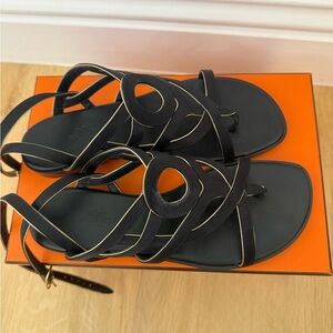 Hermes Black Sandal with Gold Piping Straps
